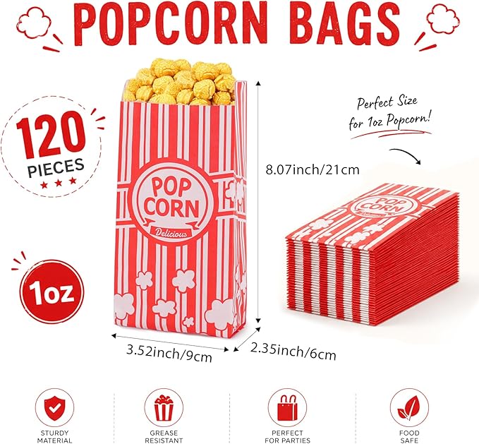 Paper Popcorn Bags,120 Pack 1oz Popcorn Bags Individual Servings, Popcorn Bag Bulk for Popcorn Machine,Movie Nights Pop Corn Bags