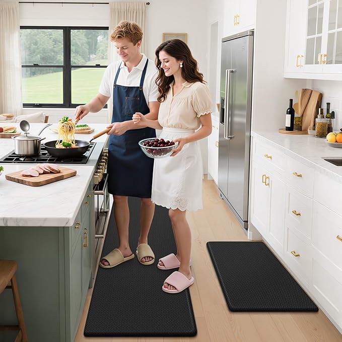 StepLively Kitchen Mat, 2 PCS Kitchen Rugs, Cushioned Kitchen Mats for Floor, Anti Fatigue Kitchen Rug Set, Non-Skid Standing Mat for Kitchen, Office, Sink, 17.3"x30"+17.3"x47", Black