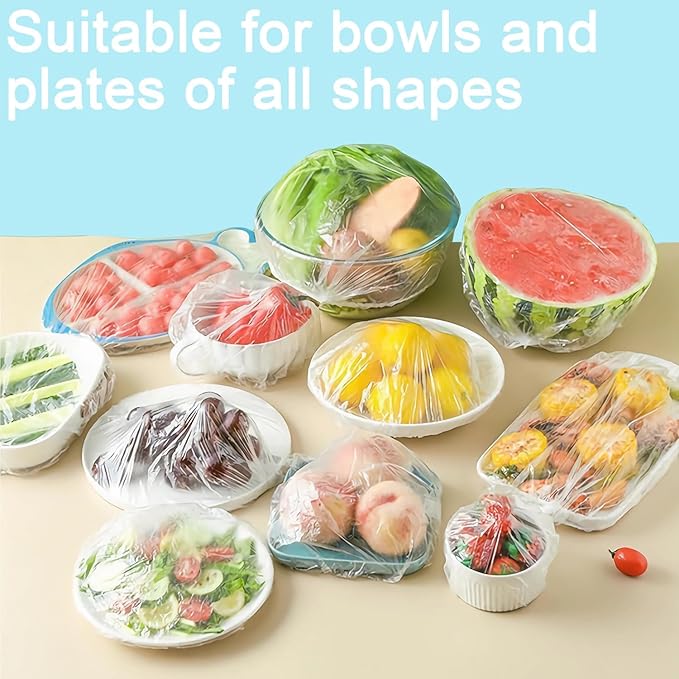 300pcs Plastic Bowl Covers Food Cover, Food Fresh Keeping Bags Elastic Reusable Plastic Stretch Elastic Food Storage Covers Kitchen Dining Plate Bread Proofing Universal Kitchen Wrap (White-L)