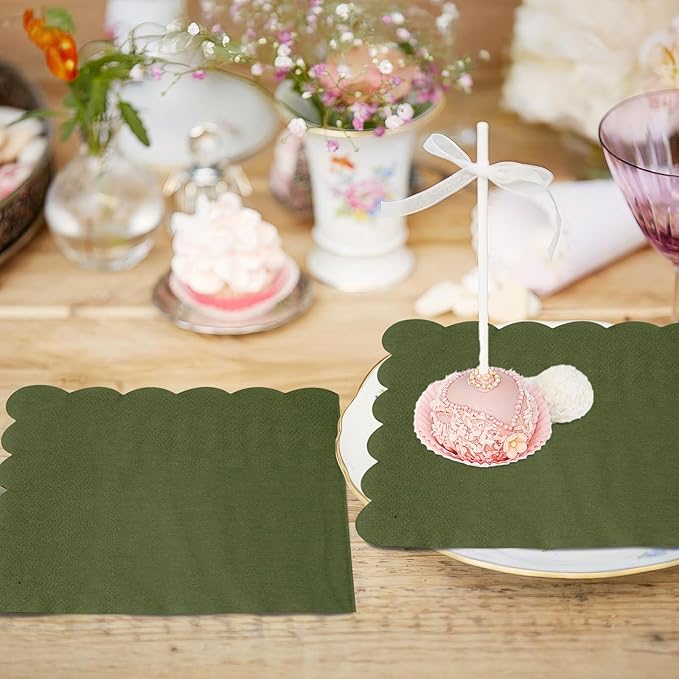 100 Pcs Cocktail Napkins, 2-Ply 5 x 5 Inches Disposable Scalloped Napkins, Thick Premium Dessert Napkins for Party, Wedding, Dinner, Birthday, Anniversary, Festival (Green)