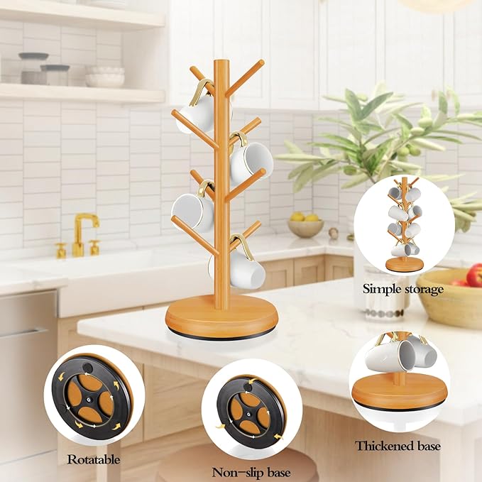 Mug Holder Tree,New Upgraded 360° Rotated 8 Hooks Coffee Cup Holder for Counter,Wood Coffee Mug Rack Standing for Co ffee Bar Accessories and Kitchen Home Organizer(Brown)