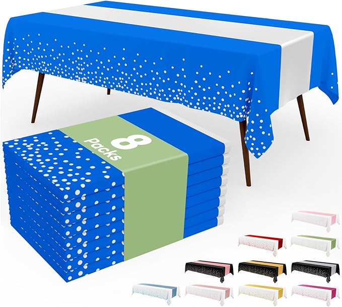 Smiry Plastic Table Cloth Disposable 8 Pack, 54 x 108 Inch Rectangle Waterproof Tablecloth, Printed Gold Table Runner Style for Birthday Weeding, Party Decorations, Leakproof & Sturdy, Blue and Sliver
