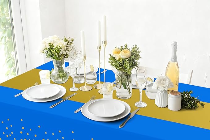 Smiry Plastic Table Cloth Disposable 8 Pack, 54 x 108 Inch Rectangle Waterproof Tablecloth, Printed Gold Table Runner Style for Birthday Weeding, Party Decorations, Leakproof & Sturdy, Blue and Gold