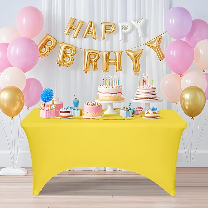 2 Pack 6 Feet Yellow Spandex Tablecloth for Rectangular Tables, Fitted & Stretch, Washable, Wrinkle Resistant, Perfect for Event, Wedding, Party, Banquet, Cocktail, Festival, and Table Protector