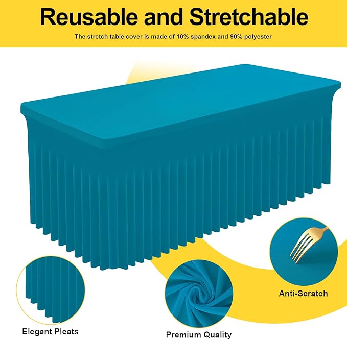 Smiry Spandex Tablecloth, Elastic Fitted Stretch Tablecloth for 8FT Rectangle Tables, Waterproof Washable Table Cover Skirt for Outdoor, Wedding, Banquet & Parties (Turquoise, 96Lx30Wx30H Inch)
