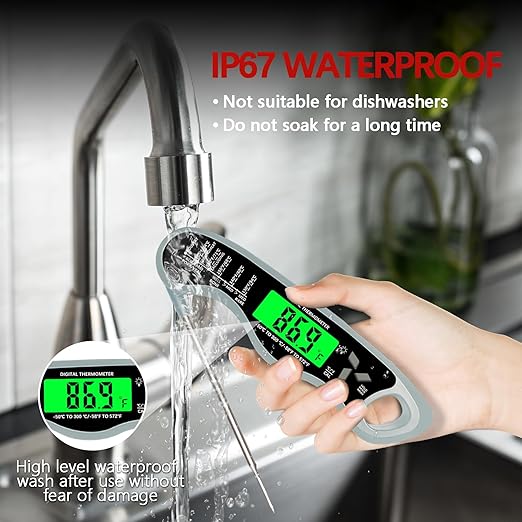 Meat Thermometer Digital，IP67 Waterproof Cooking Thermometer with Backlight, Calibration & Hold Function，Food Thermometer for Cooking,Outdoor Grilling