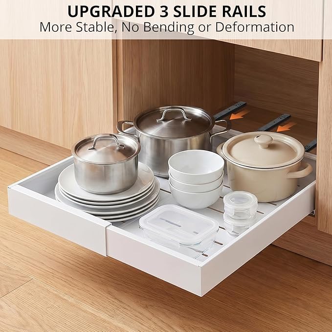 DOMNIU 4 Pack Pull Out Cabinet Organizers Expandable Width (12.4''-20.27''), Metal Slide Out Drawers, Upgrade 3 Slide Rails Sliding Drawer for Kitchen Cabinet Organizer with Adhesive Nano Film, White