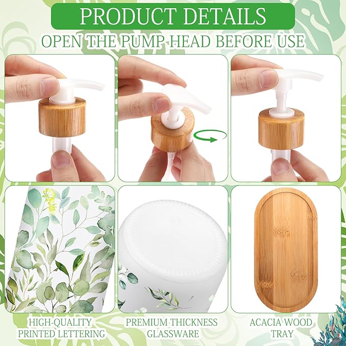 Potchen 2 Pack Glass Soap Dispenser Set Bathroom Decor Housewarming Gift Glass Soap Dispenser with Pump Wood Tray Home Decoration for Kitchen Bathroom (Eucalyptus)