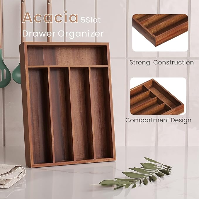 Silverware Organizer Acacia Wood Kitchen Drawer Organizer with 5 Slots Flatware Organizer Tray for Kitchen, Flatware, Utensils