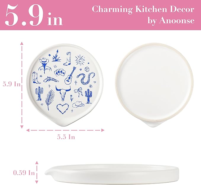 Ceramic Spoon Rest for Stove Top - Cute Spoon Holder for Kitchen Counter - White Coffee Spoon Rest Utensil Rest Spatula Rest - Farmhouse Kitchen Counter Decor (Western Spoon Rest)