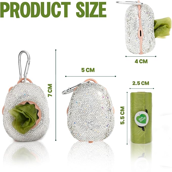 Diamond Rhinestone Dog Poop Bag Holder for Leashes Leak Proof Trash Bag Dispenser with Carabiner Includes 15 Scented Waste Bags Portable Pet Walking Accessories for Dogs Cats Litter