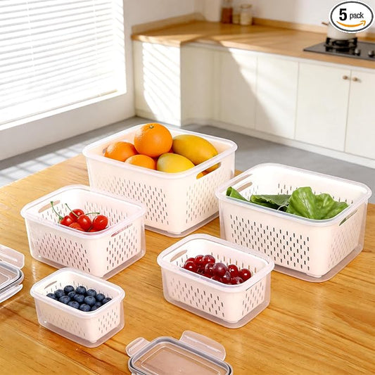 5 PCS Fruit Storage Containers for Fridge Produce Containers for Fridge with Removable Colander Berry Storage Containers Veggie BPA-Free Plastic Crisper for Long-Term Freshness