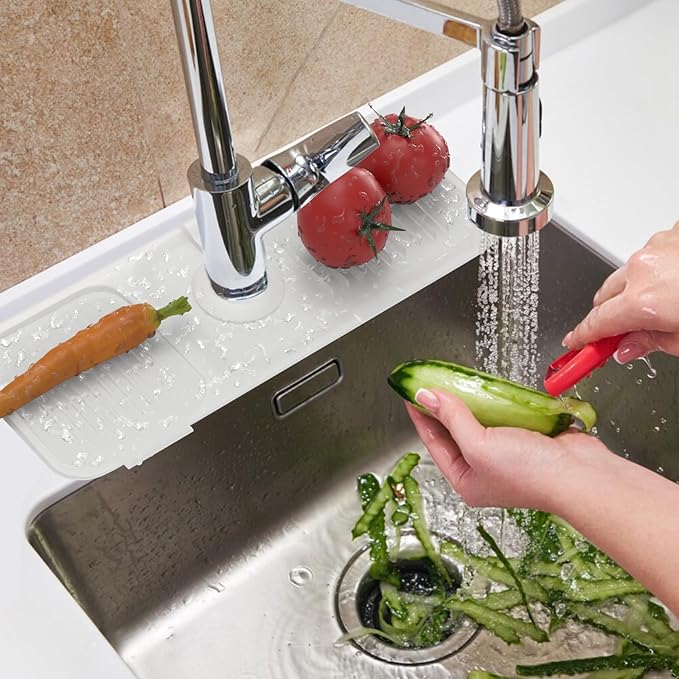 Toovem Kitchen Faucet Sink Splash Guard,14.5x5.5in Silicone Faucet Water Catcher Mat, Faucet Handle Drip Catcher Tray,Soap Sponge Holder for Kitchen, Bathroom, Farmhouse, Countertop Protect, Clear