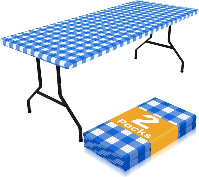 Smiry Picnic Table Cloth 2 Pack, Waterproof Elastic Fitted Tablecloths for 5FT Rectangle Tables, Washable Polyester Buffalo Plaid Tablecloth for Camping, Dining & Outdoor (Blue & White, 30" x 60")