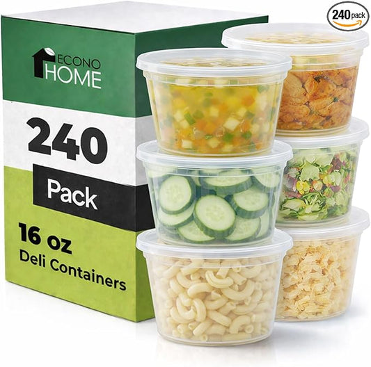 EconoHome Clear Deli Containers with Lids - 240-Pack, 16oz Plastic Containers with Lids for Food Storage, Meal Prep, Leftover, Restaurant Business, Takeout - Fridge, Microwave & Freezer-Safe