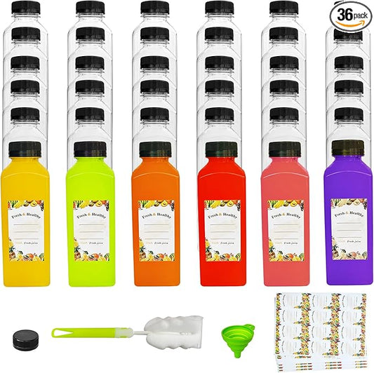 36pcs 12 oz Plastic bottles with lids,Juice bottles with caps, Reusable Clear Bulk Beverage Containers for Juice, Milk and Other Beverages