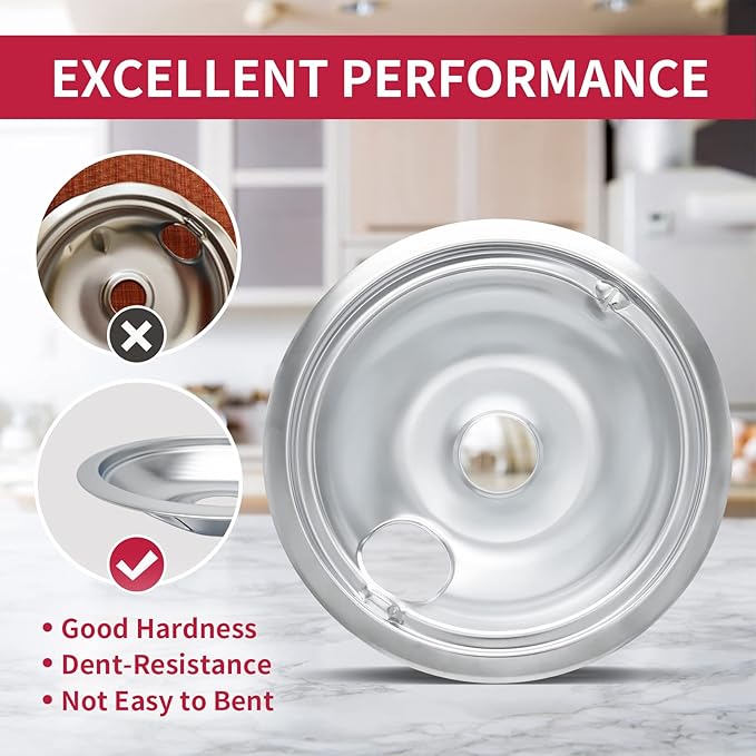 4-Piece Drip Pans Set - Compatible with GE Stoves - Chrome Finish Electric Stove Burner Drip Pans - 3 x 6inch, 1 x 8inch Stove Drip Pans - GE Stove Drip