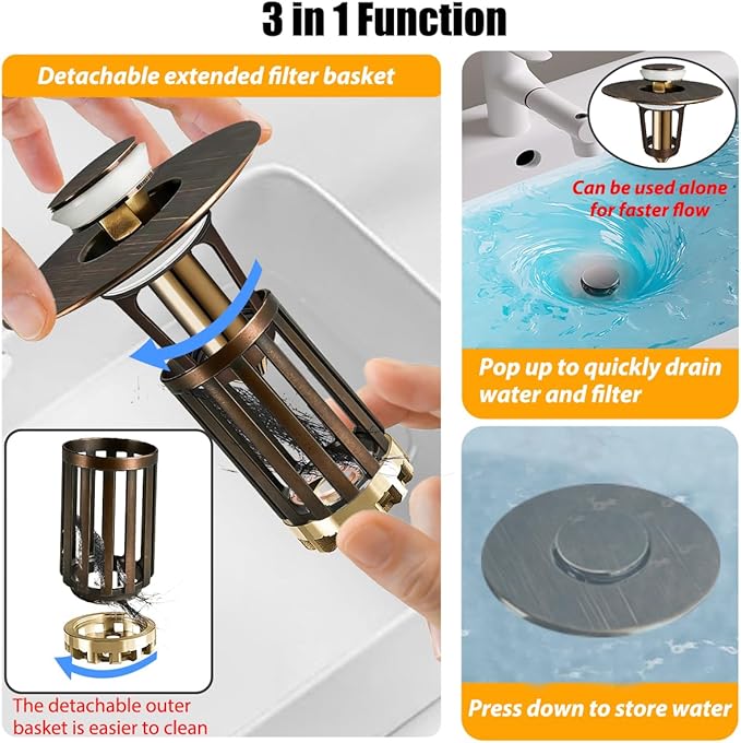 3 in 1 Pop Up Bathroom Sink Stopper, Bathroom Sink Drain Strainer, with Removable Basket Hair Catcher, Universal Sink Plug Cover for 1.06 in to 1.6 in Drain, Oil Rubbed Bronze