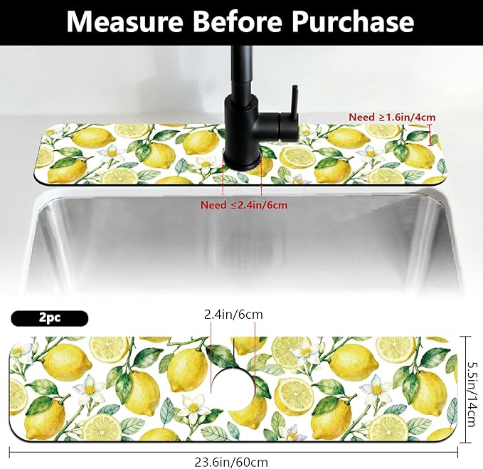 2 Pcs Kitchen Sink Splash Guard Faucet Mats Lemon Pattern Faucet Mat for Sinks Fruit Absorbing Drying Mat for Kitchen Bathroom, 23.6x5.5inch
