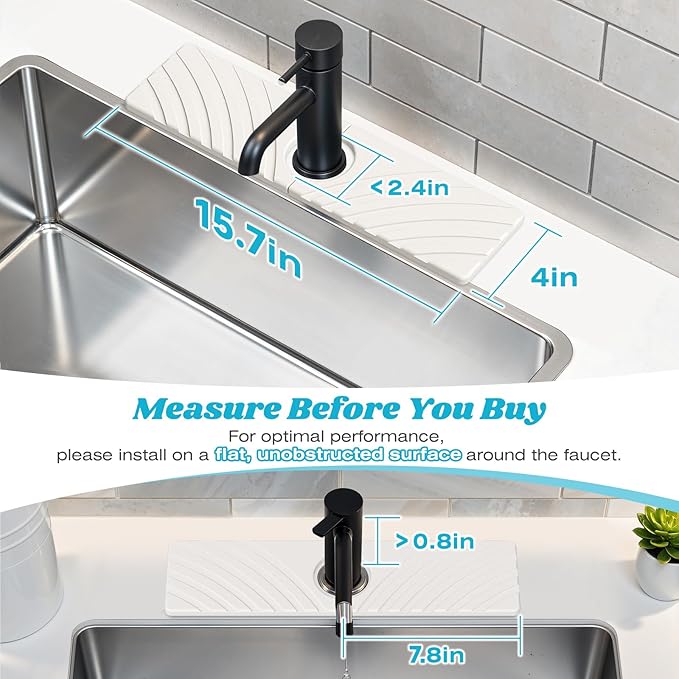 Stone Faucet Mat for Kitchen Sink - Fast Drying Diatomite Stone Drying Mat, Textured Drainage Sink Protector, Water Splash Guard with Base Pads for Bathroom Counter (15.7x4 in, White)