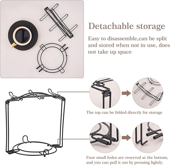Tea Cup Holder, Coffee Cups and Saucers Display Stand, Metal Foldable Storage Rack for Espresso and Cappuccino Cup - Black
