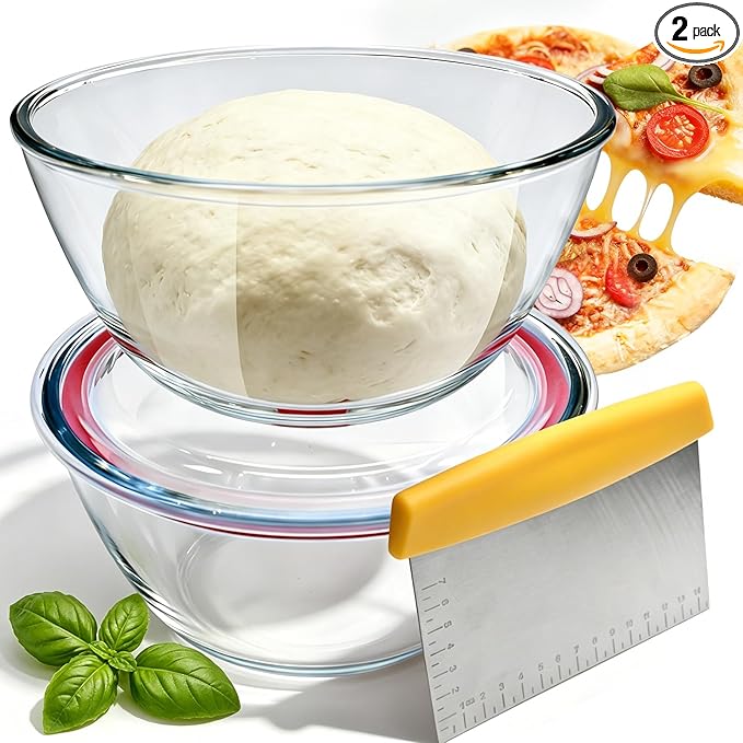 2 Pack Pizza Dough Proofing Container, 2000ML Glass Proofing Box with Clear Airtight Lid, Stackable Fermentation Storage for Dough Balls & Bread, Includes Cutter
