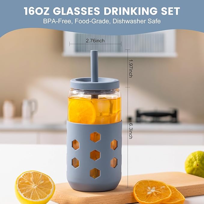 Mrsdry Glass Cups with Lids and Straws (4 Pack), 16oz Drinking Glasses Set with Silicone Sleeves for Coffee Bar Accessories Iced Coffee Cups with Lids, Glass Tumbler Reusable for Gifts