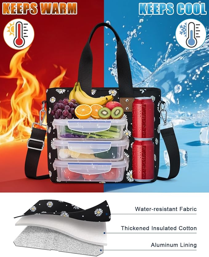 Capolo Insulated Lunch Box for School - Large Thermal Lunch Bag Women with Removable Shoulder Strap, Reusable Lunch Cooler Tote Bags Purse for Adults Work, Picnic, Hiking, Beach, Travel, MediumDaisy