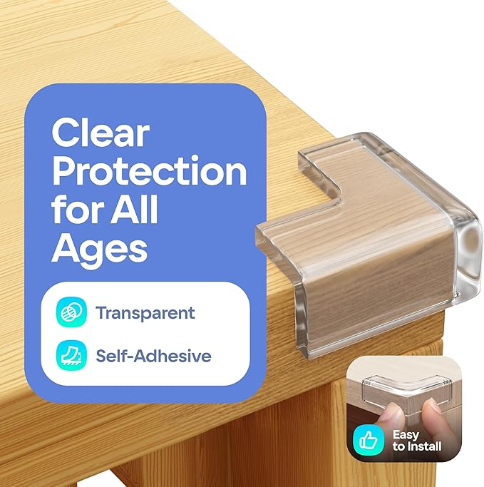 8-Pack Baby Proof Corner Protectors, Clear Furniture Safety Bumpers, Soft Rubber Foam Cushion Guards with Pre-Applied Adhesive, Child Proofing Pads for Tables, Cabinets, Desks, Glass Surfaces