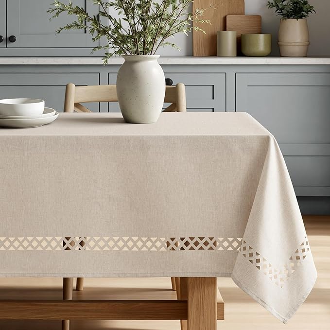 MIULEE Beige Rectangle Linen Polyester Tablecloth with Decorative Cutouts Spring Waterproof Stain Resistant & Shrink-Proof Table Cloth 60x144 inch Farmhouse Style for Dining Wedding and Outdoor