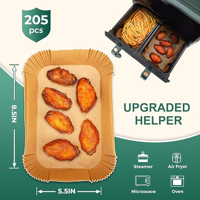 Air Fryer Paper Liners, 205 PCS Non-Stick Parchment Paper, 8.5-Inch Rectangle Disposable Air Fryer Liners for 8-12 QT Basket, Water-Proof & Oil-Proof Airfryer Liners for Baking, Roasting, Microwave