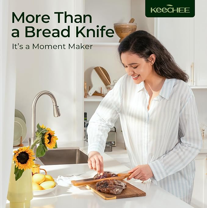keechee Sourdough Bread Knife – Extra Large Bread Slicer for Homemade Bread with Thickness Guide & Stainless Steel Blade, Even Slice Cutter for Baguettes, Bagels, Gift for Bread Lovers (Standard)