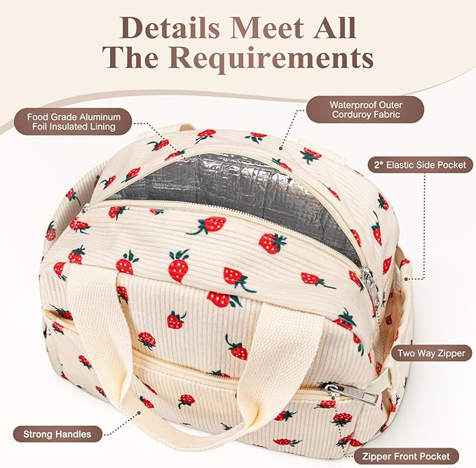 KUBYA Lunch Box for Women, Cute Strawberry Corduroy Insulated Lunch Bag Women Reusable Work Leakproof Simple Adults Large Lunch Boxes Tote Bag Men Cooler Bag