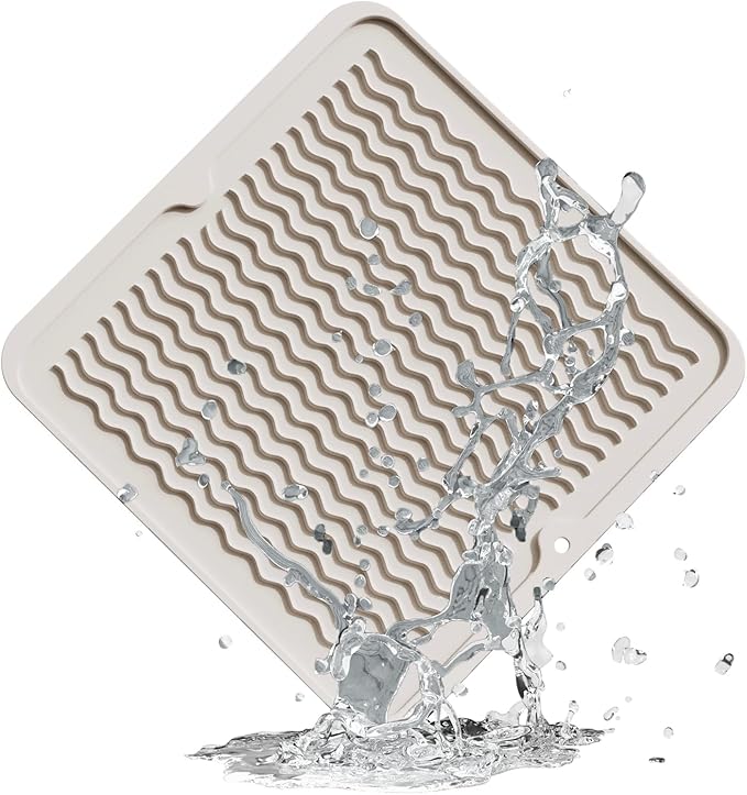 ZLR Silicone Dish Drying Mat 12" x 12" Square - Small Heat Resistant Trivet & Countertop Protector for Air Fryer, Coffee Maker - Waterproof Kitchen Drain Pad for Cups, Fruit (Cassava White)