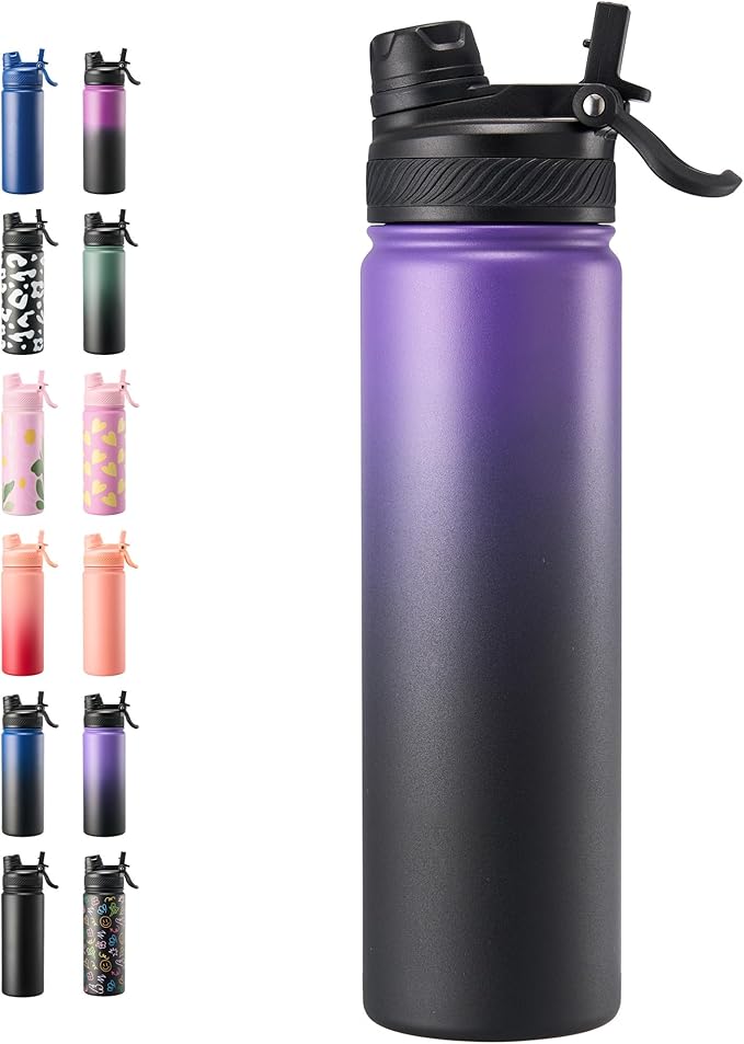 Fijinhom 24 oz Insulated Water Bottle, 2-in-1 Straw and Spout Lid Stainless Steel Thermos, Leak-Proof, Double Wall Vacuum Flask, Keep Cold 24H for Outdoor, Sports, Travel, School (Purple&Black)