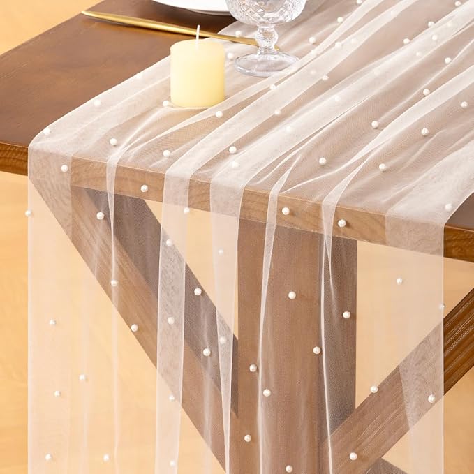 Socomi Pearl Table Runner Tulle Summer Cheesecloth 10FT Gauze Cheese Cloth Sheer Chiffon Wedding Birthday Party Baby Shower Bridal Anniversary Holiday Centerpiece Table Decor 3pcs Ivory White