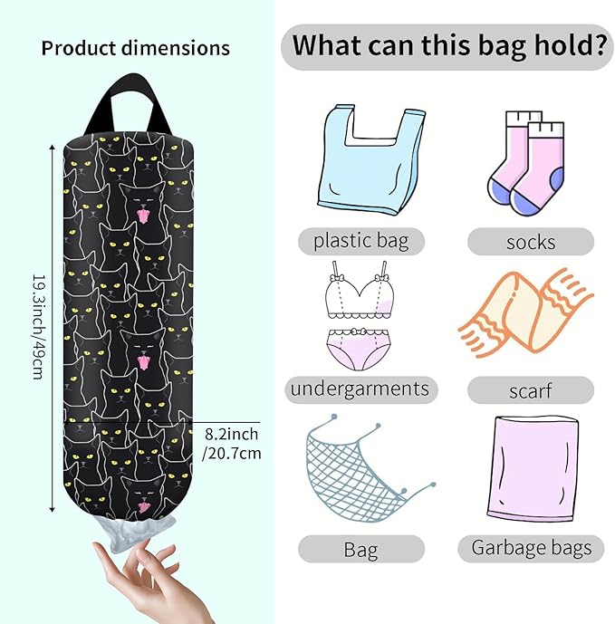 Plastic Bag Holder, Wall Mount Grocery Bag Organizer, Funny Hanging Trash Bag Storage Dispenser for Home Kitchen Cute Black Cats