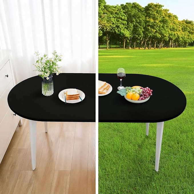 NEWISHER Fitted Oval Tablecloth 48 x 68 Inch Elastic Table Cloth, Stretch Spandex Table Cover Black Washable Polyester Top Cap Cover for Dining Picnic Camping Indoor and Outdoor