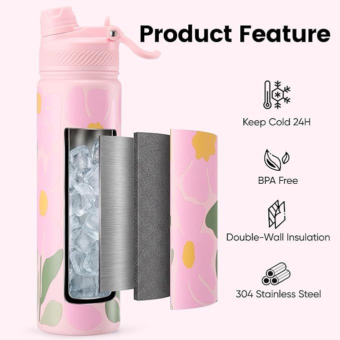 Fijinhom 24 oz Insulated Water Bottle, 2-in-1 Straw and Spout Lid Stainless Steel Thermos, Leak-Proof, Double Wall Vacuum Flask, Keep Cold 24H for Outdoor, Sports, Travel, School (Flower)