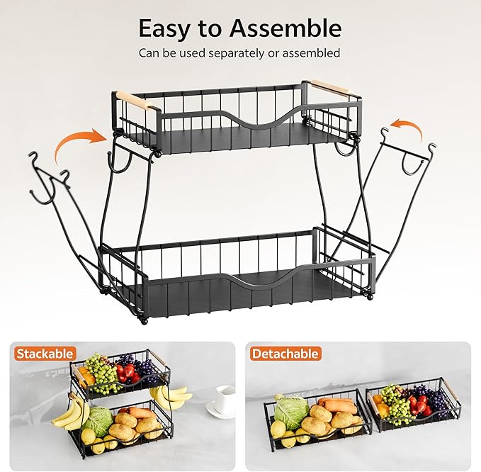 2 Tier Fruit Basket for Kitchen Countertop with 2 Banana Hangers,Detachable Metal Fruit Bowl with Wooden Handles and Protective Pads,Large Capacity Fruit and Vegetable Basket Organizer,Black