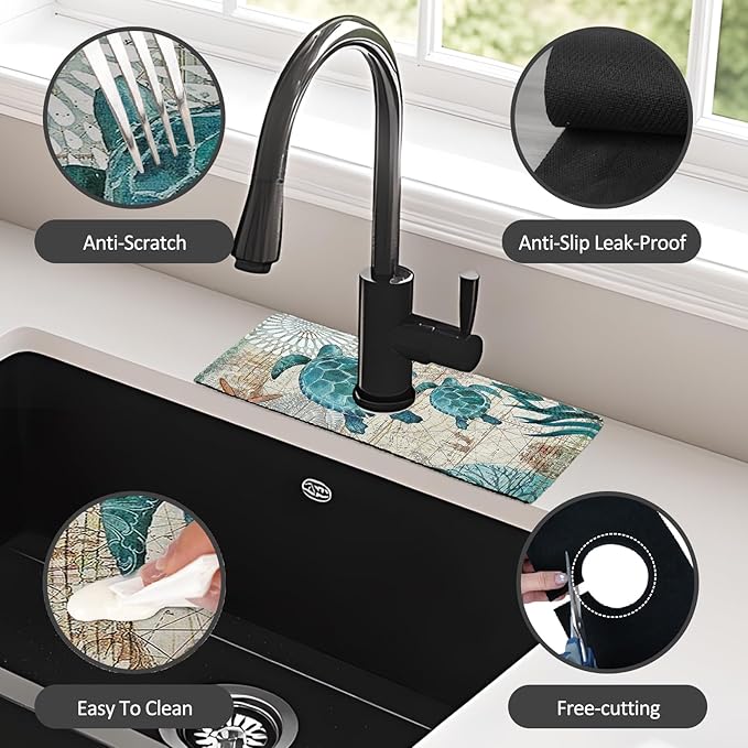 2PCS 15" X 5.5" Kitchen Sink Splash Guard Faucet Mat Sea Turtles Super Absorbent Fast Drying Faucet Guard & Draining Mat Sink Splash Guard Behind Faucet for Kitchen, Bathroom