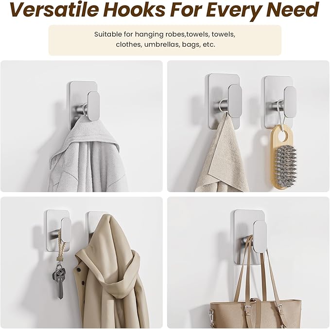 Large Heavy Duty Wall Hooks - 26lb Max, Stainless Steel Adhesive Towel Hooks for Hanging Towel, Coat, Robe, Hat, Sticky Towel Holder for Wall Mount in Bathroom, Shower, Kitchen(Silver, 4 Pack)