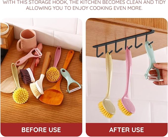 Adhesive Mug Holder Under Cabinet No Drilling Clip-On Cooking Utensil Holder with 6 Kitchen Hooks Space Saving Utensil Holder for Kitchen Counter Wall Hooks for Hanging Spatula Spoon Towel