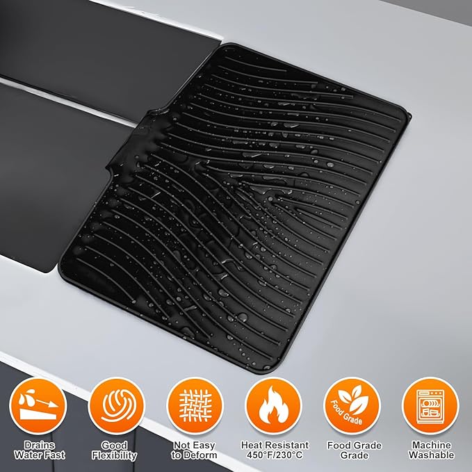 Silicone Dish Drying Mat for Kitchen Counter, Dish Drying Pad, Non-Slip Drain Pad with Built-in Drain, Heat Resistant Stone Drying Mat,Black-1Set
