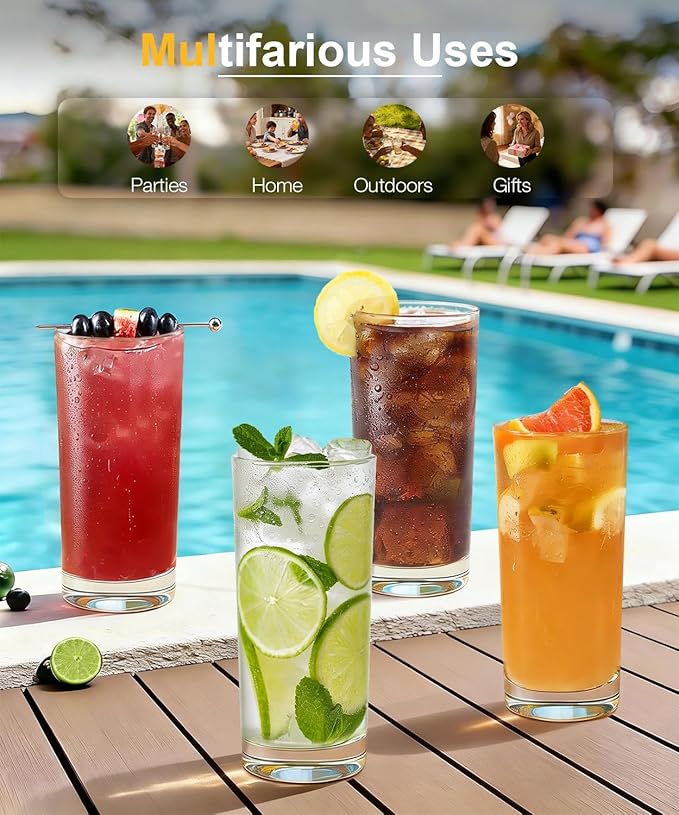 LUNA & MANTHA Drinking Water Glasses Set, Lead-Free Crystal Highball Glass, Tall Glass Cups for Cocktail Parties,Clear set of 8,16oz