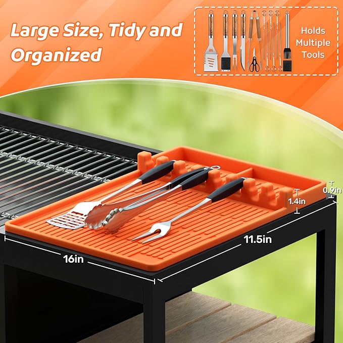 MealHelper Silicone Griddle Tools Mat, Grill Mat for Outdoor Grill with Seasoning Jars Holder, Side Shelf Pad for Grilling Accessories, BBQ Tool Rest, Kitchen Aid Accessories and Attachments(Orange)