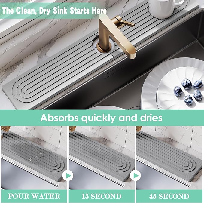 Stone Faucet Mat for Kitchen Sink, Diatomite Drying Stone Tray & Sink Protector, Water-Absorbing Splash Guard, Prevent Moisture on Kitchen & Bathroom Counter (Light Grey,23.6" x 3.9")