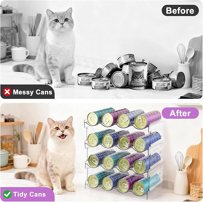 REFLYING Extra Large Cat Food Can Organizer – 4-Tier Holds 96 Cans (3oz–12.5oz), Transparent Acrylic Stackable Storage for 3+ Cats, Mold-Resistant Pantry & Kitchen Cabinet Organizer(4 Tier-4 Layer)
