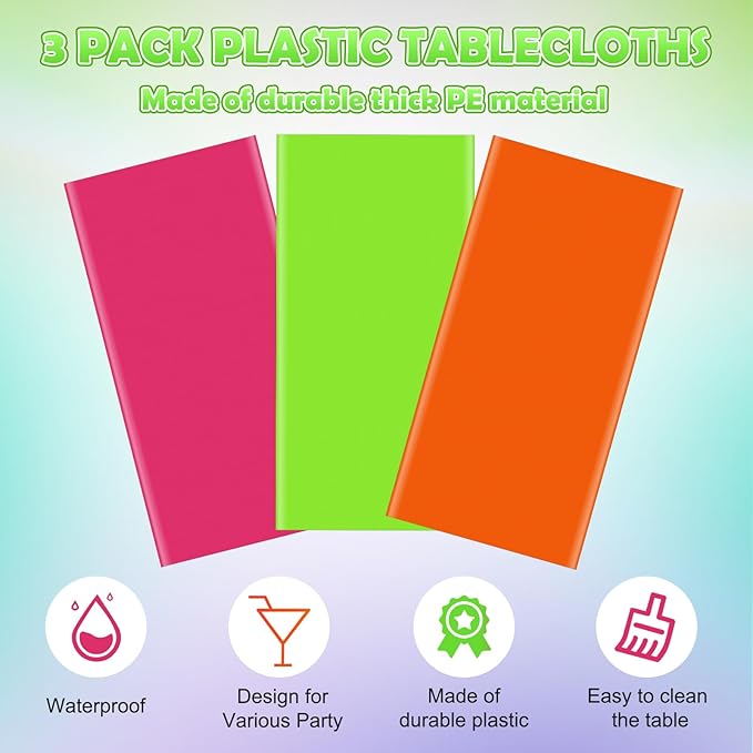 3 Pack Neon Table Cloths Party Decorations, Pink Orange Yellow Glow in The Dark Plastic Tablecloth, Disposable Rainbow Table Cover for Glow in Dark Neon Party Supplies Decorations, 54x108”