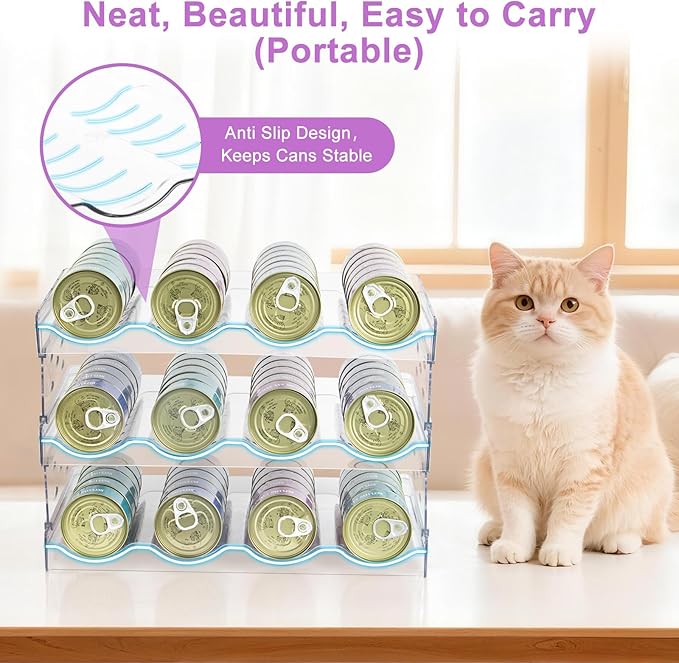 Cat Food Can Organizer, Can Organizer for Pantry, Transparent Cat Food Storage Container Holds 72 (3.5oz) Cans, Canned Food Organizer and Storage for Countertop Kitchen Cabinet (4 Tier-3 Layer)